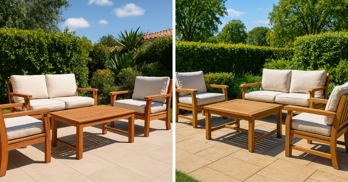 Restored teak outdoor furniture set on a sunny patio